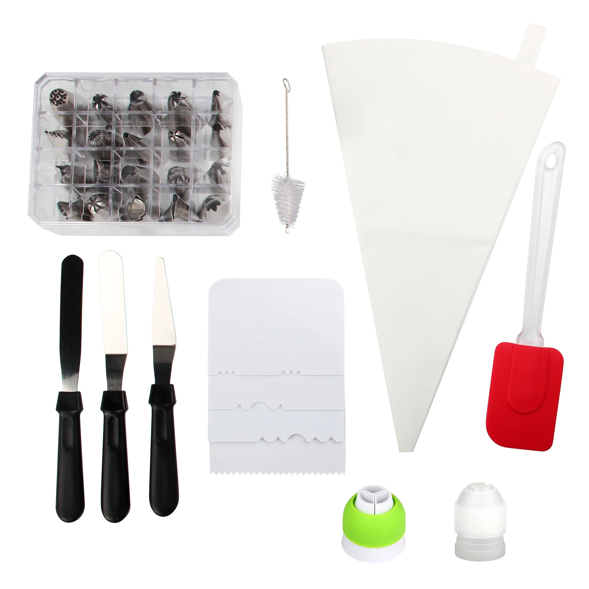 

Free Shipping MRF 32PCS Cake Decorations Kit-S/S Icing Tips,Plastic Couplers,Pastry Scraper,Silicone Bags,Spatulas