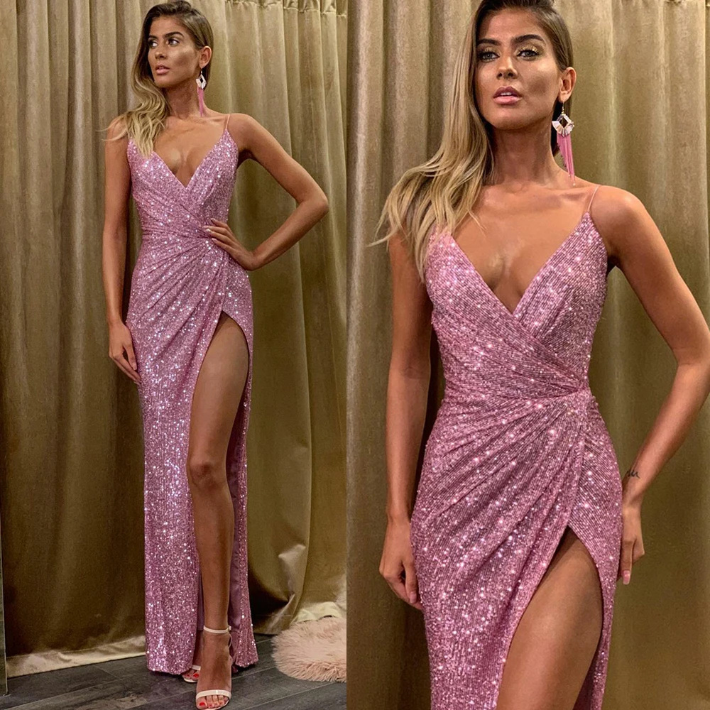 

Sexy Pink Mermaid Glitter Prom Dress 2021 Spaghetti Straps V Neck Sequin Evening Dress Split Custom Party Gowns robes de soirée