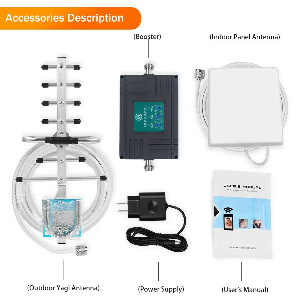 Kit répéteur de signal de téléphone portable, amplificateur de signal, 3G, 4G, 700 MHz, 850 MHz, 1900MHz, AT & T Home, bande 5, 2, 12, 17