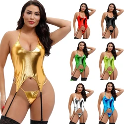 Sexy Women Shiny Metallic Corset Halter Top with Garter Belt G-String Set Rave Pole Dance Wear Catsuit