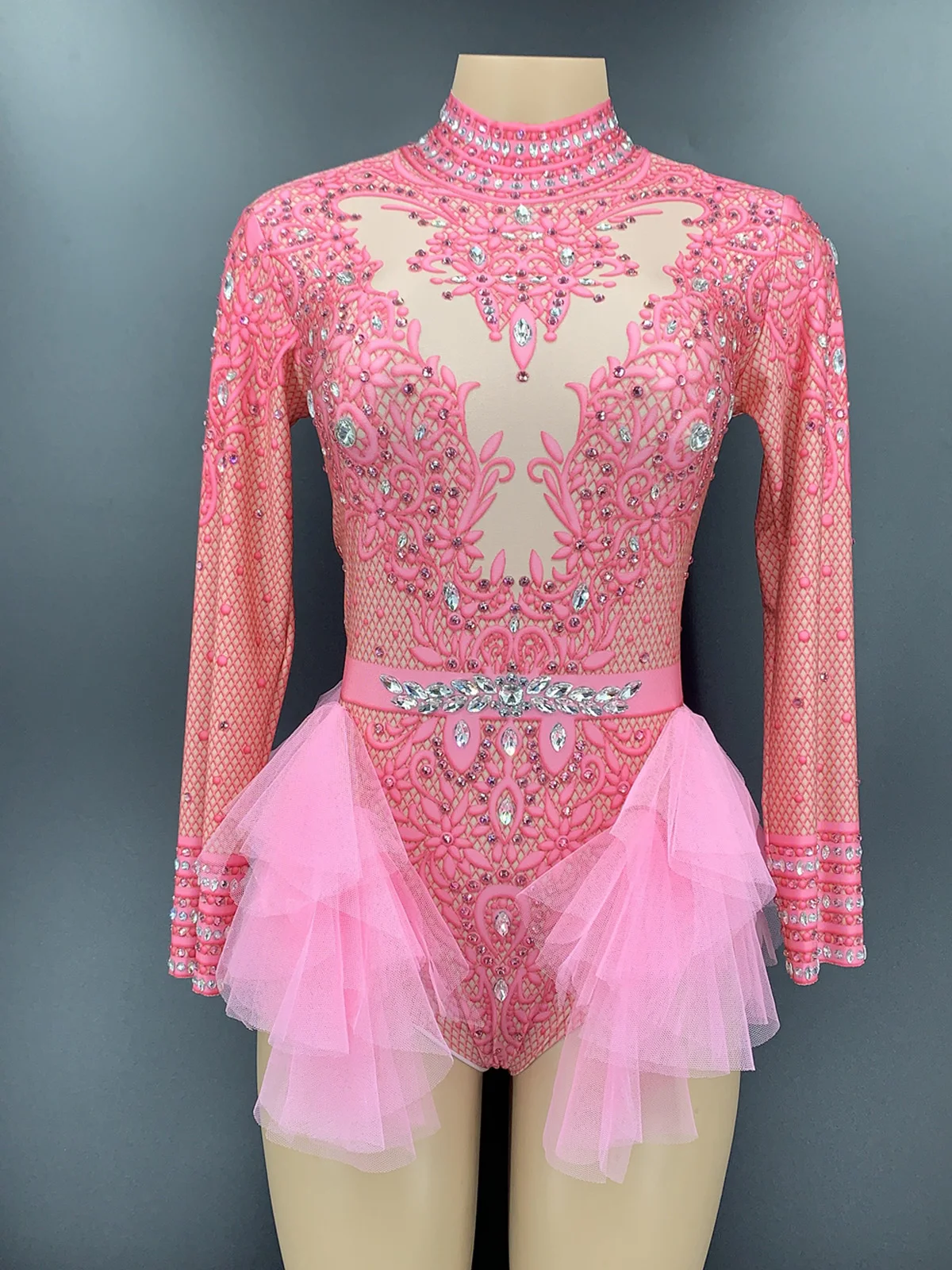 Bodysuit de strass brilhante para mulheres, manga longa, roupa do clube, traje de dança, show sexy, desempenho, desgaste do palco, vestido de aniversário