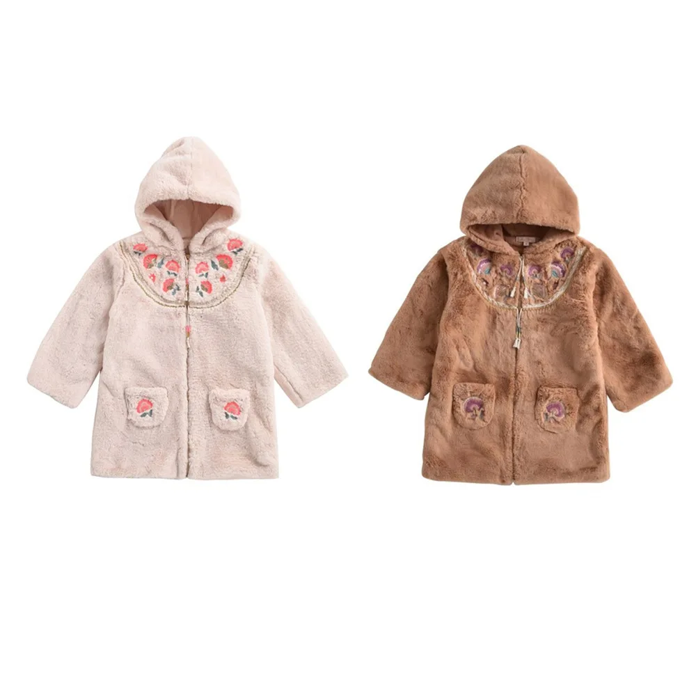 Kids Velvet Jacket L&M Brand New Autumn Winter Girls Knit Embroidery Flower Print Warm Hooded Coat Baby Child Outwear