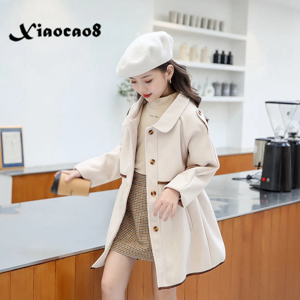 5-16Years Kids Woolen Solid Jackets for Girls Elegant Long Coat 2021 Autumn Winter Girls Thick Outerwear Children Overcoat 6 8 9