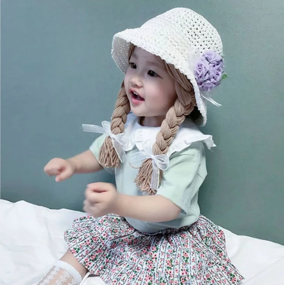 Spring Summer Baby Kids Girl Sun Block Beach Hat Hair Pigtail Braid Wig Bucket Cap Children Girls Princess Flower Straw Hat Cap