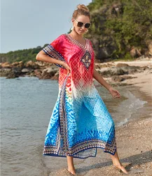 Czerwony z niebieskim nadrukiem długa plaża sukienka plażowa Cover Up dla kobiet Pareo De Plage strój kąpielowy Cover Up plaża Sarongs stroje kąpielowe Kaftan