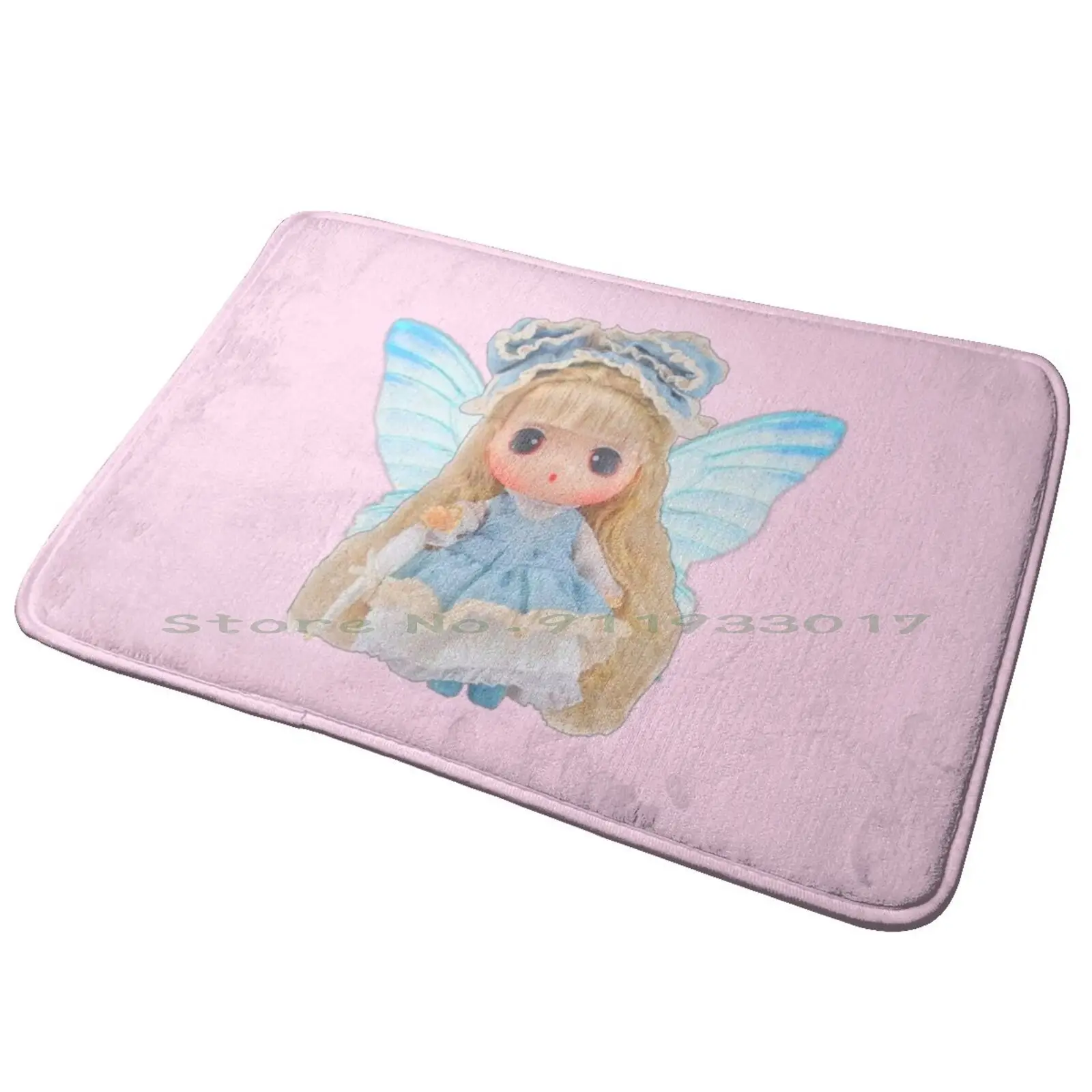 Pastel Blue Lolita Girl Entrance Door Mat Bath Mat Rug Cat Pink Bounding Splatter Stripes Fun Pattern Cartoon Cheshire Alice