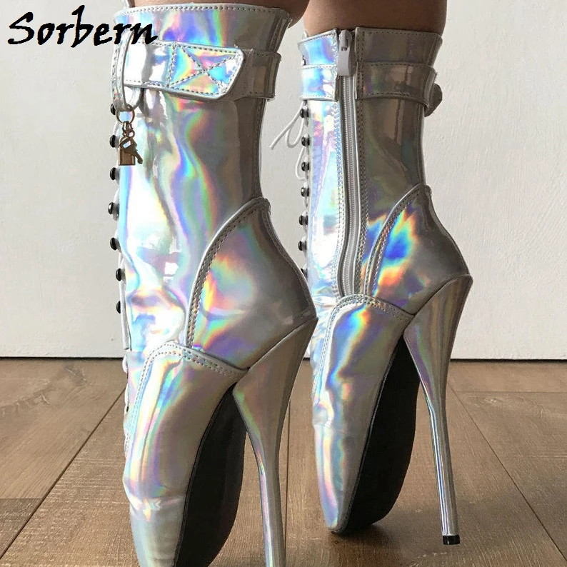 Sorbern Ballet Pointe Boots Sliver Holographic Rainbow  Ankle Boots For Womens Dancer Boots Plus Size High Heels