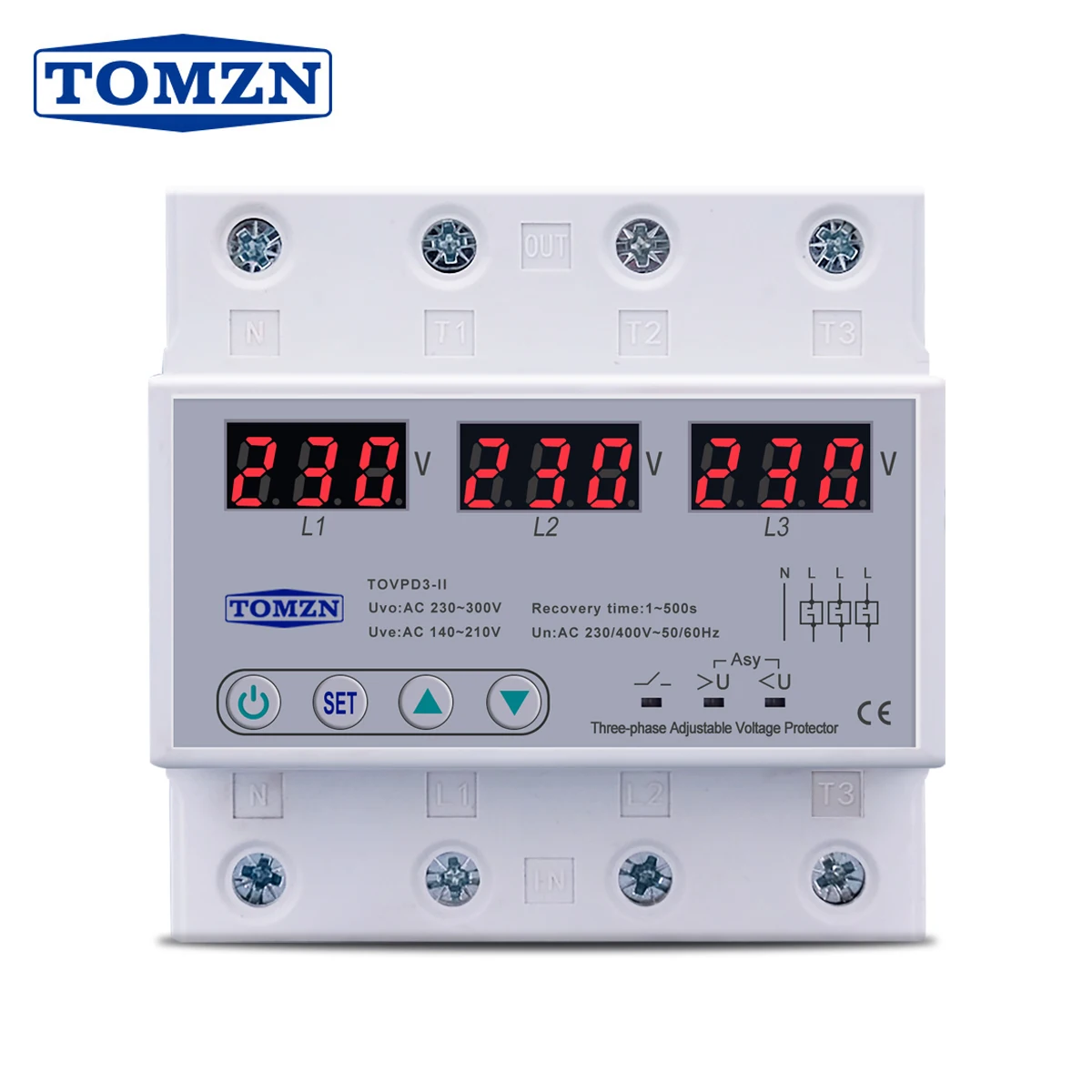 

Three Phase voltmeter Adjustable Over and Under Voltage Protector 3 Phase Automatic Recovery Protective Device Reset 63A 380V