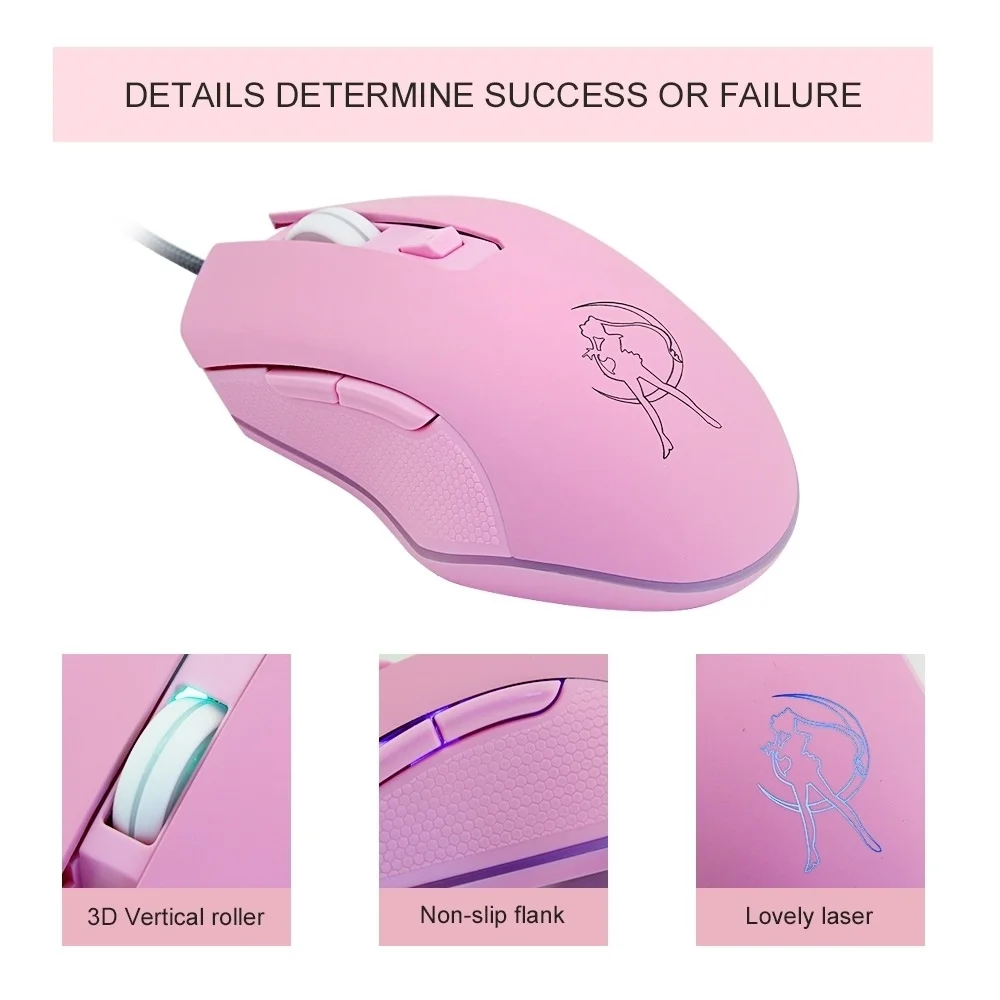 

CHYI Pink Computer Mouse Colorful Backlit Gaming Mice Optical Wired Fashion Sailor Moon Mouse Girl Mause 3200DPI For Laptop