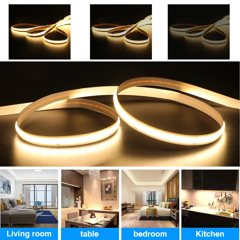 DC 12V 24V COB LED Strip dengan Adapter Touch Dimmer Sensor Switch 320 384 528LEDs/M LED Light Tape Kitchen Cabinet Backlight