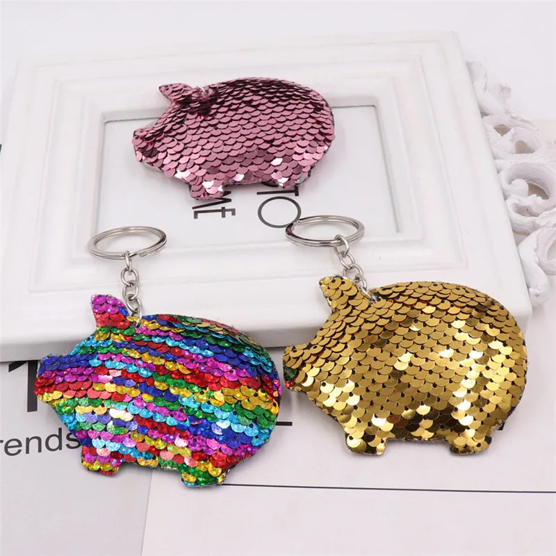 30/50/100Pcs Sequin Mermaid Tail Dinosaur Pig Keychain Glitter Jewelry Key Ring Pendant Women Children Car Bag Accessories Gifts