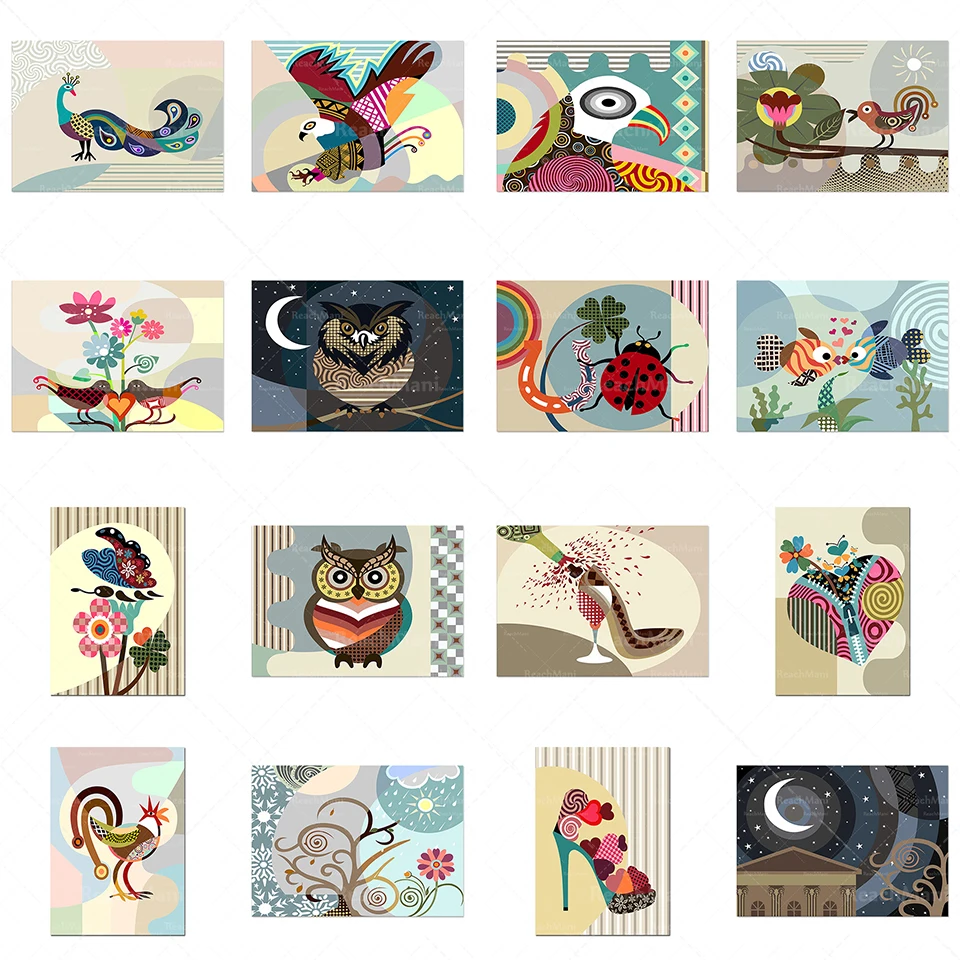 Abstract landscape animal prints, owls, butterflies, bird animal paintings, four seasons art prints, star and moon decoration, a