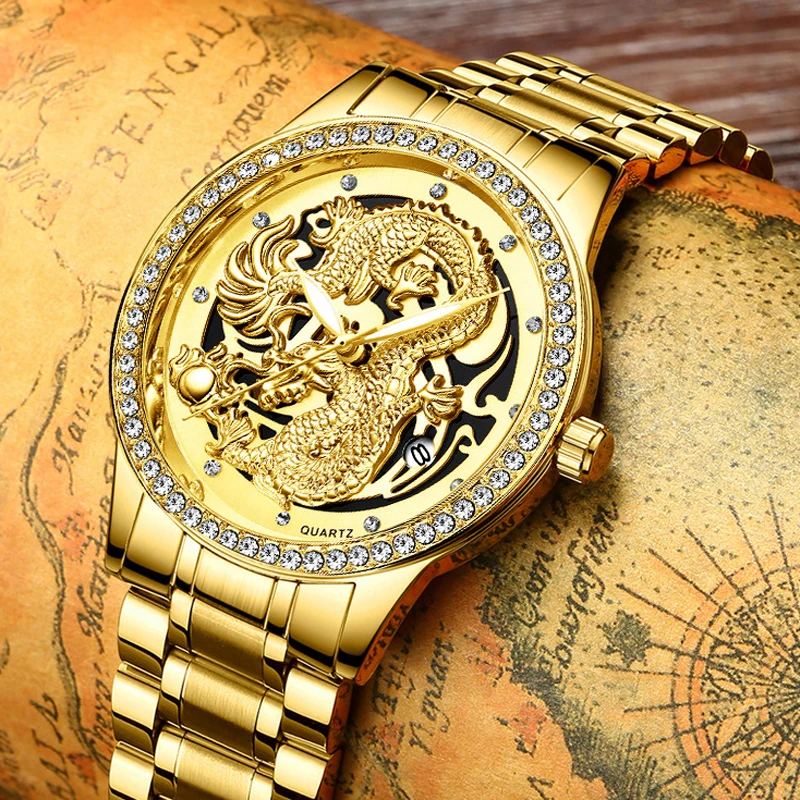 Mens Watches Top Luxury Fashion Dragon Golden Quartz Watch Diamond Dial Waterproof Stainless Steel Clock Male Relogio Masculin