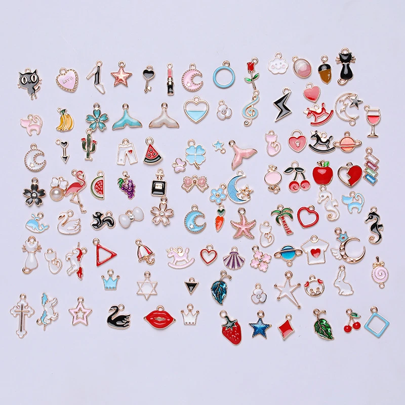 

100 PCS/Lot KC Gold Color Random Alloy Heart Charm Food Pendants Enamel Charms For DIY Bracelet Necklace Jewelry Making