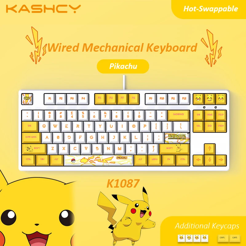 

KASHCY K1087 Yellow Pika Wired Mechanical Gaming Keyboard Swappable Switch with 87 Keys PBT Dye Sublimation Keycaps Type-C Port