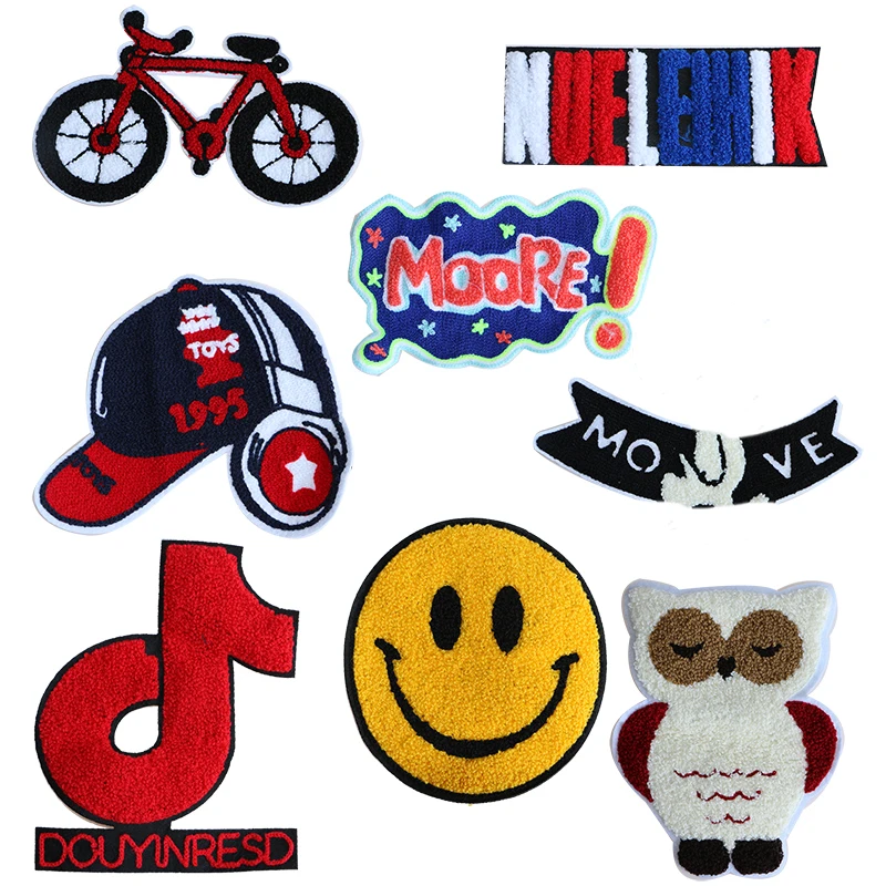 Cartoon Cycling Hat Owl Bicycle Chenille Icon Applique Towel Embroidery Patches For DIY Iron on Patch Badges on a Backpack