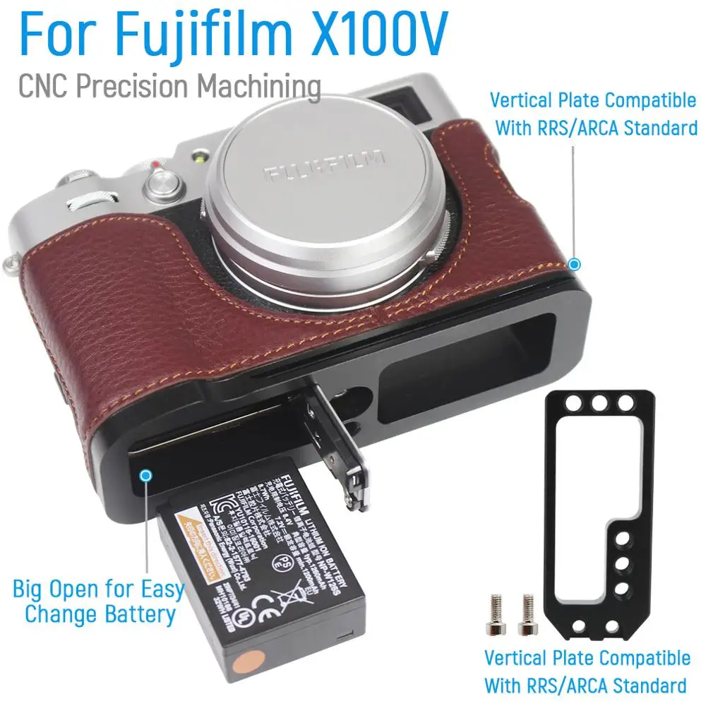 Camera Echt Lederen Half Case Beschermende Tas + Quick Release L Plate Bracket Voor Fujifilm X100V