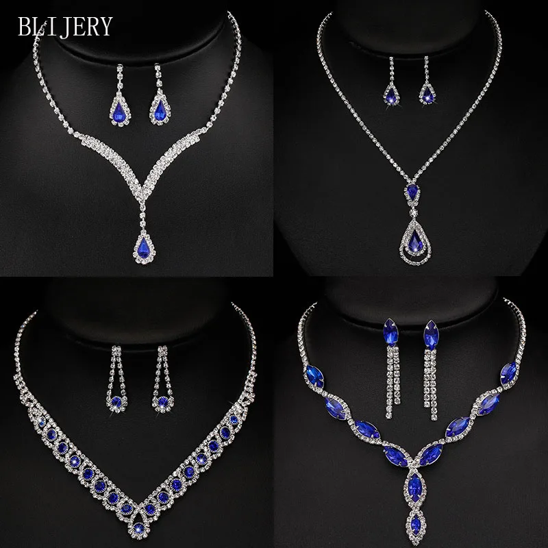 BLIJERY Romantic Royal Blue Crystal Bridal Jewelry Set Statement Choker Necklace Earrings African Wedding Jewelry Set for Women