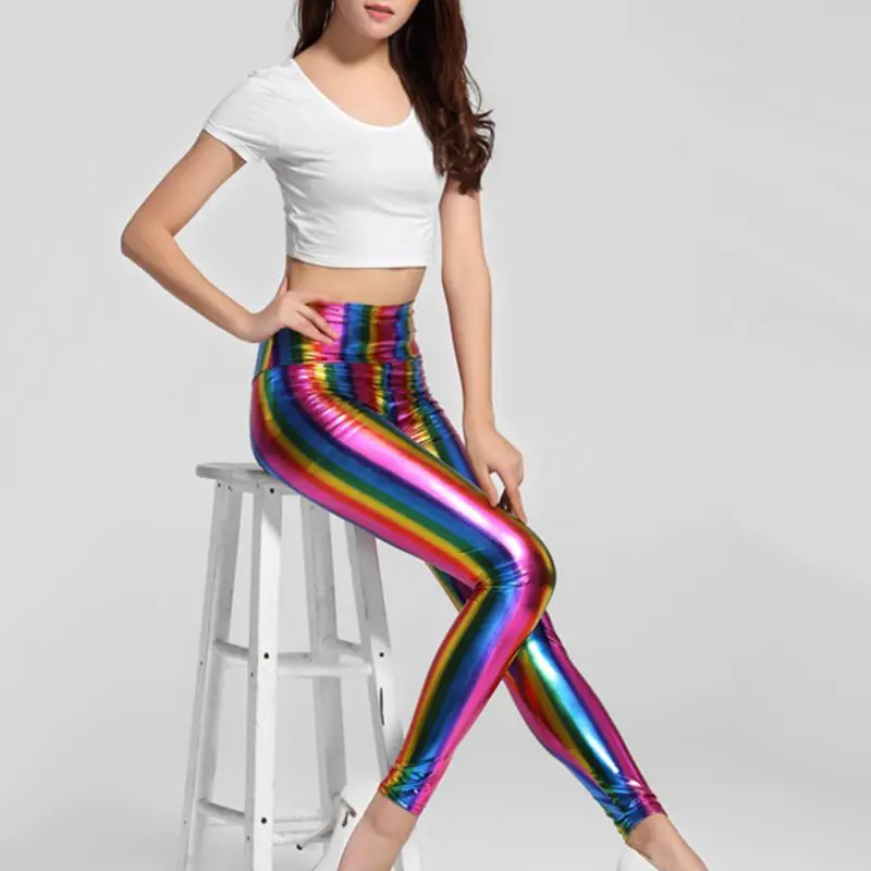 Womens Hologram Metallic Rainbow Leggings Glitter Neon Tights Stripes Printed High Waist Yoga Pants Faux Leather Party Clubwear