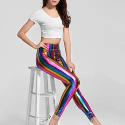 Womens Hologram Metallic Rainbow Leggings Glitter Neon Tights Stripes Printed High Waist Yoga Pants Faux Leather Party Clubwear