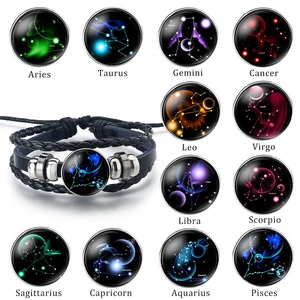 12 Zodiac Signs Constellation Charm Bracelet Men's and Women's Fashion Multi-layer Woven Leather Couple Bracelet  Accessories