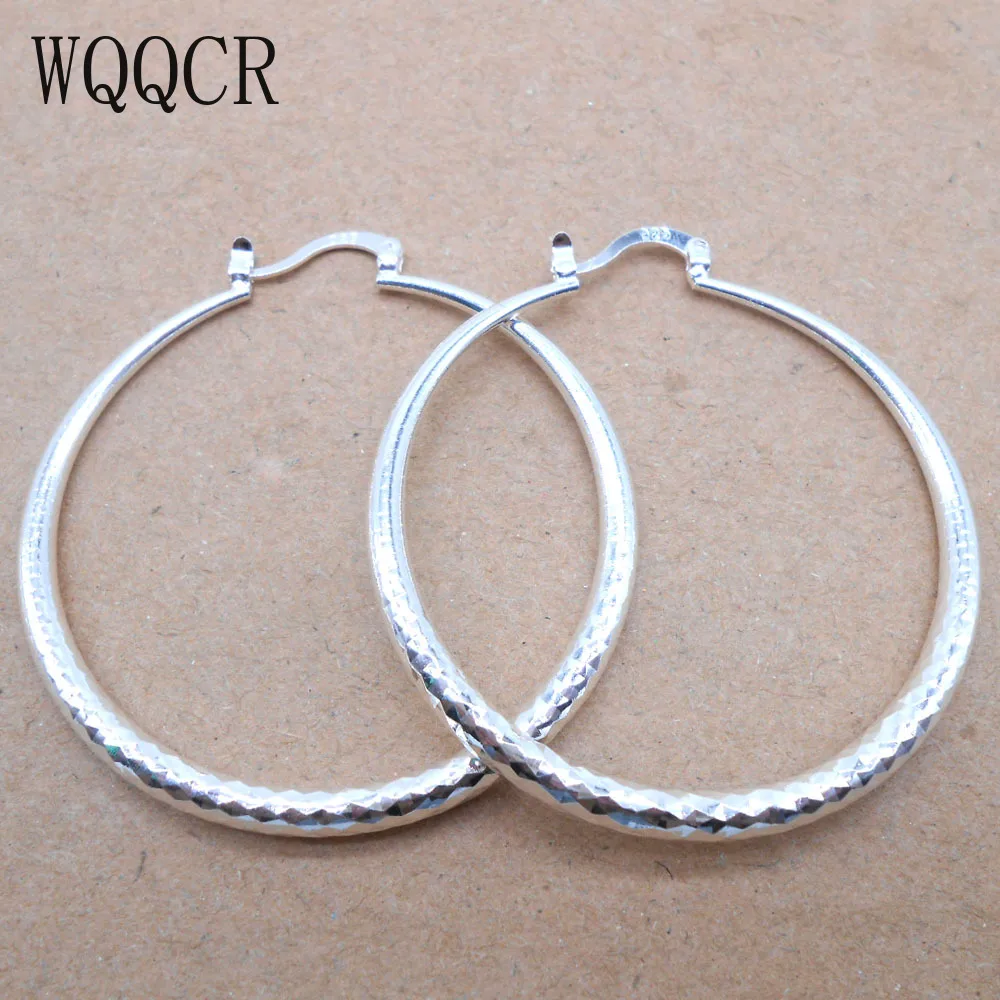 Fashion 925 Stamped Silver Color Color 68MM Round Diamond Mating Big Hoop Earring Charm Large Women Circle Hoop Earring Jewelry