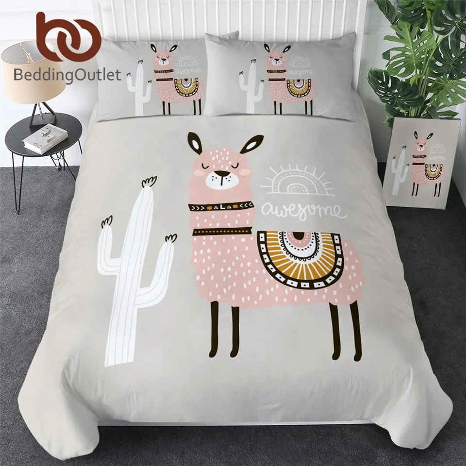 

BeddingOutlet Cute Llama Duvet Cover Tribal Style Bedding Set Cactus Home Textiles Cartoon Alpaca Grey Bed Coverlet for Kids