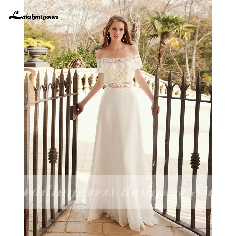 Lakshmigown – robe de mariée élégante en mousseline de soie, épaules dénudées, dentelle, balayage avec traîne, ligne A, style Boho, 2021