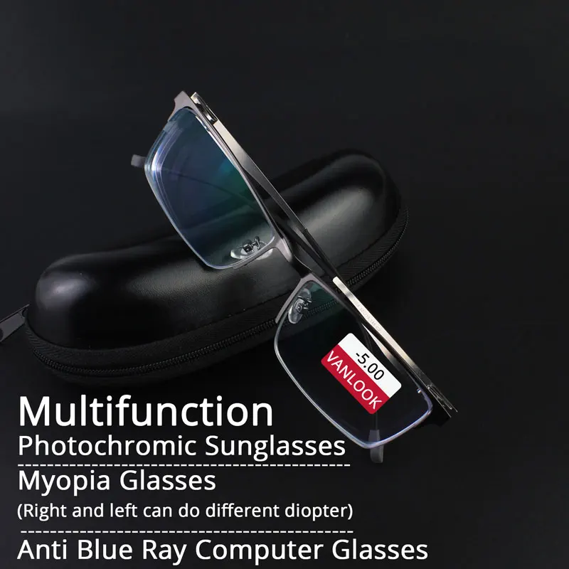 Myopia Photochromic Sunglasses Screwless Eyewear Anti Blue Ray Computer Glasses For Men-0.50-4.25-4.75-5.25-5.75-6.00