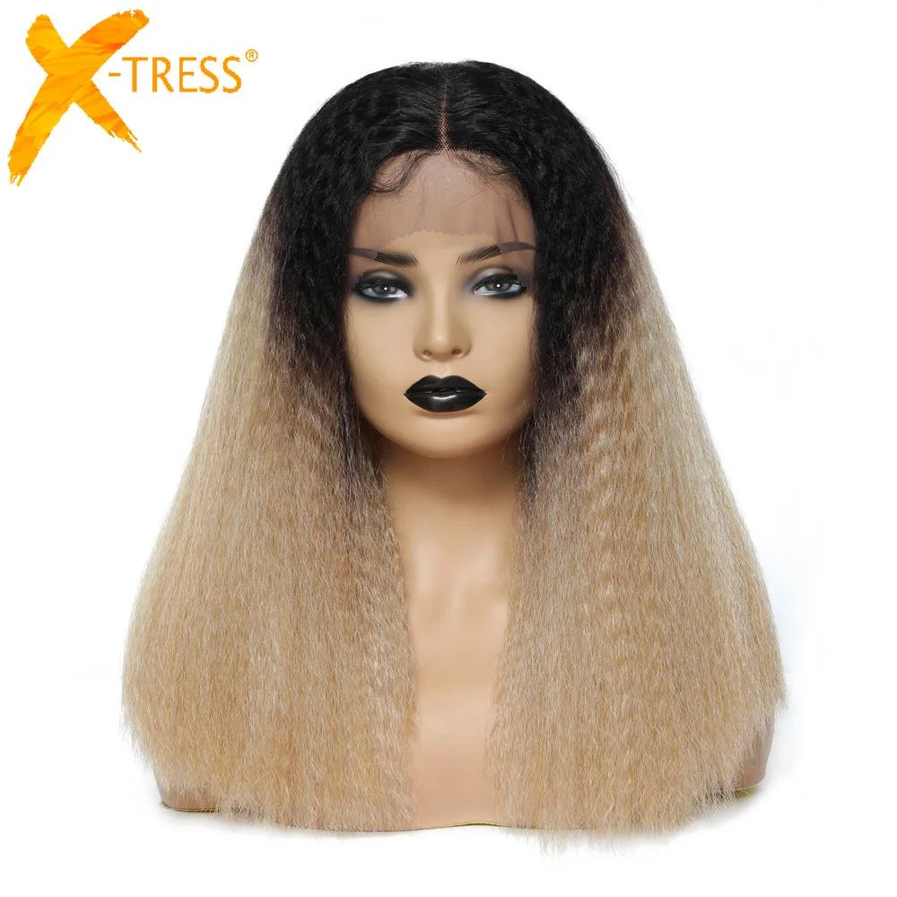 X-TRESS Synthetic Lace Front Wig For Women Kinky Straight Ombre Blonde Middle Part Blunt Hair Wigs With Baby Hair Medium Length