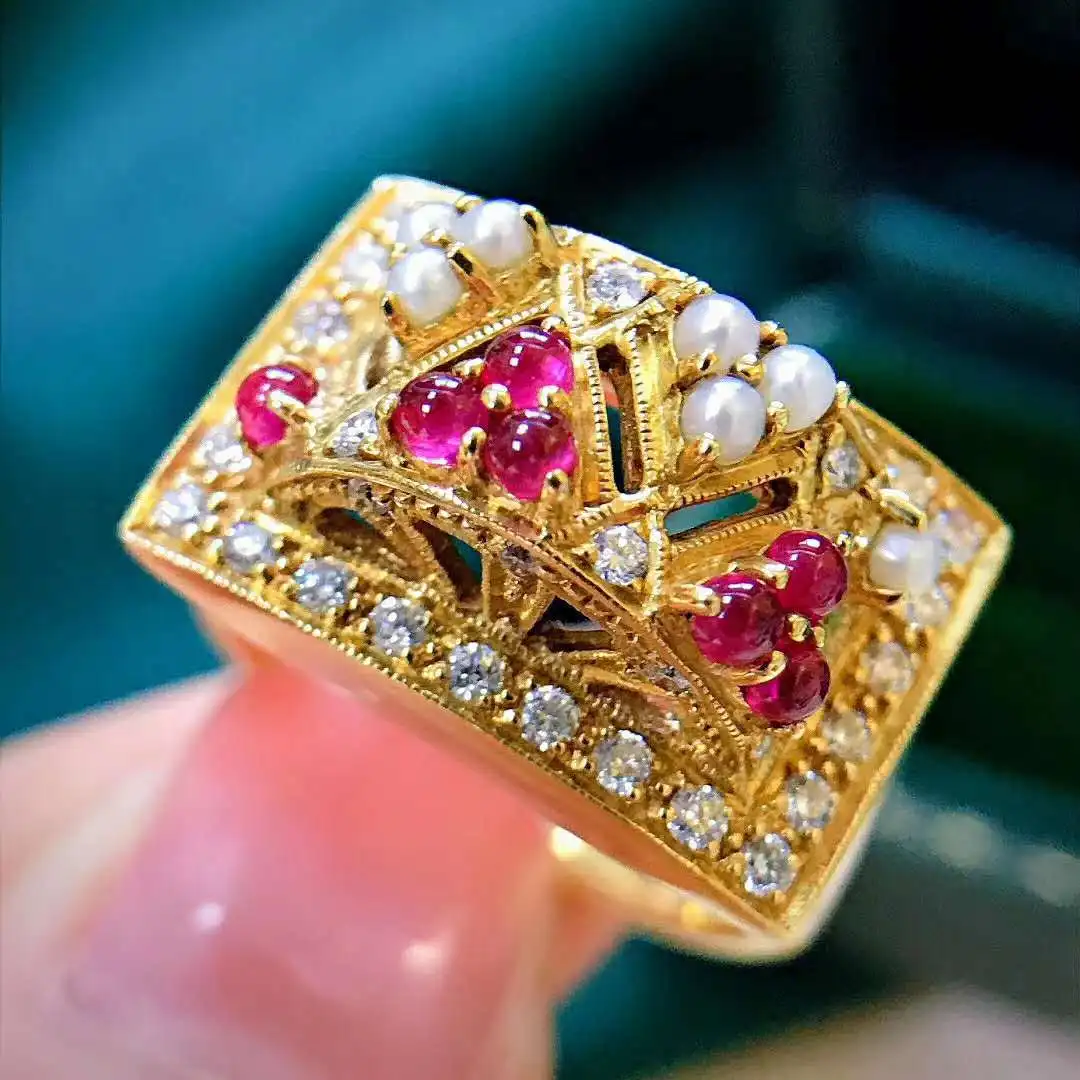New luxury Gold Color Double Layer Micro-inlaid Zircon Ring Exaggerated Red Garnet Pearl Plated 18k Yellow Gold Rings For Women