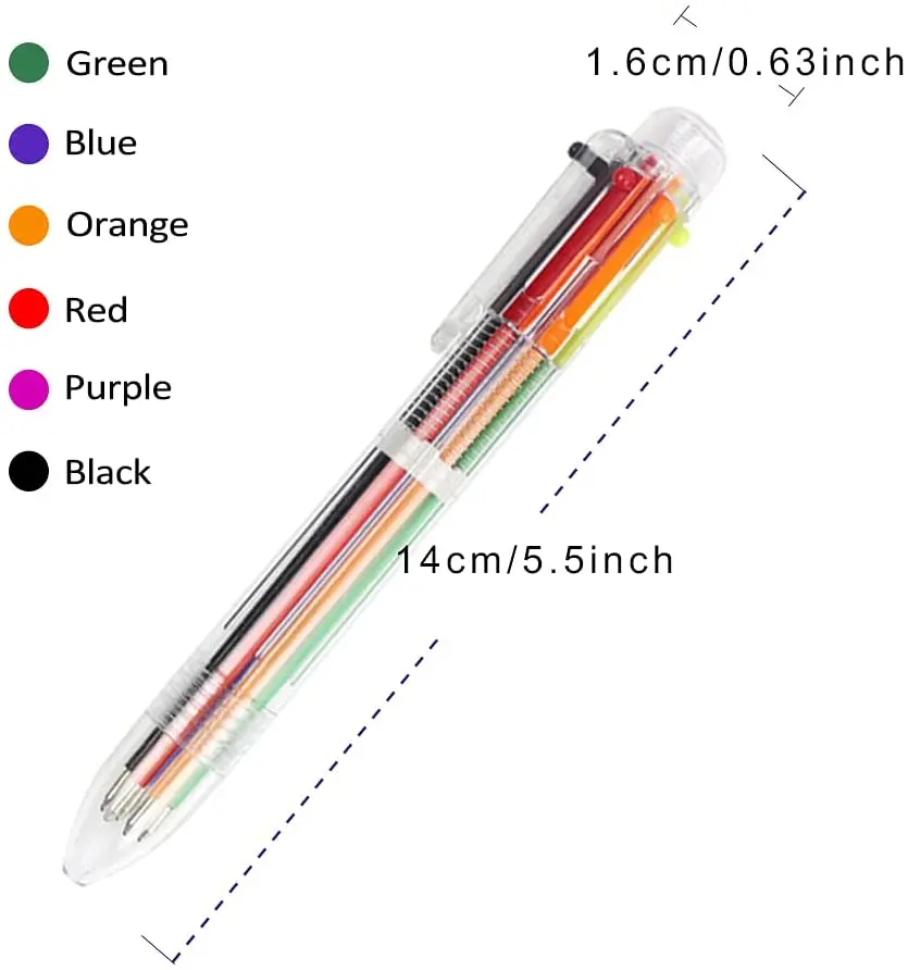 6 Pak Pena Multiwarna 0.5Mm 6-In-1 Pena Bolpoin Dapat Ditarik 6 Warna Barel Transparan untuk Perlengkapan Kantor Sekolah Siswa