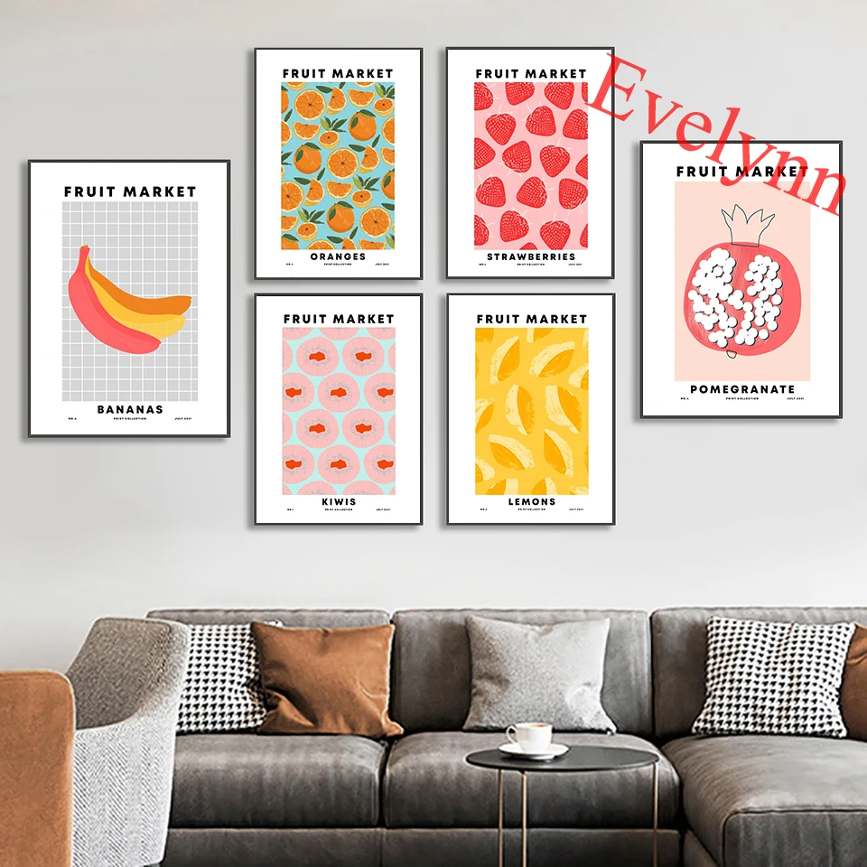 

Bananas,Orange,Strawberries,Lemons,Pomegranate,Kiwis Fruit Market Nordic Wall Art Poster And Print Modular Pictures Decor Canvas