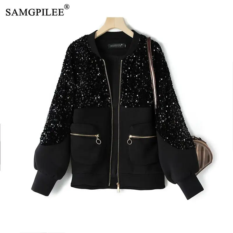 

European Jackets For Women 2023 Winter Fashion Sequin Stand Collar Black Coat Women's Winter Jacket Female clothing Vadim 4XL