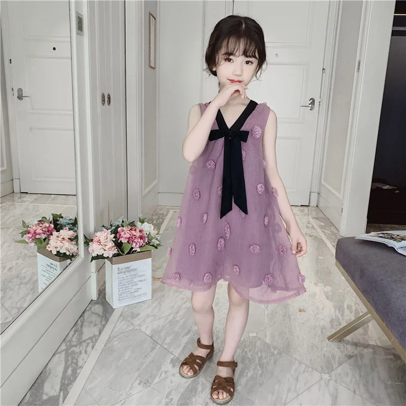 Summer Girls Dress 2021 New Korean Style Applique Bow Little Fairy European American Princess Dress Children\'S  Clothing 4-13