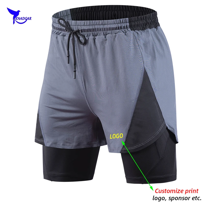 Customize LOGO Men 2 in 1 Running Shorts Gym Fitness Training Quick Dry Short Pants Male Summer Sports Bottom with Longer Liner