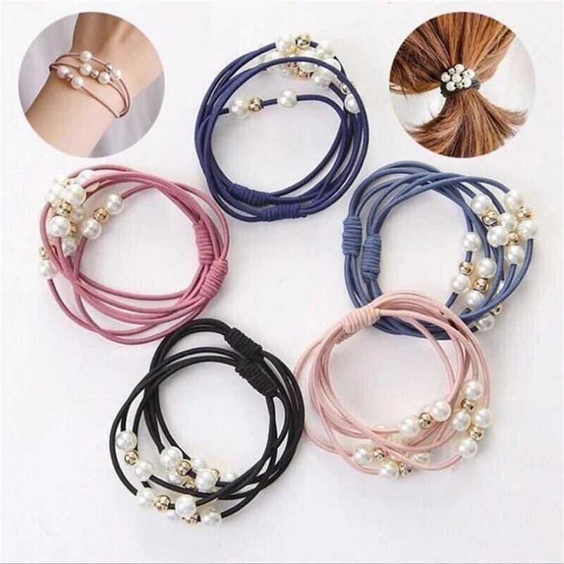 10pcs Basic Knot Pearls Elastic Hair Bands For Women Girls Solid Ponytail Holder Rubber Scrunchies Hair Accessories Wholesale