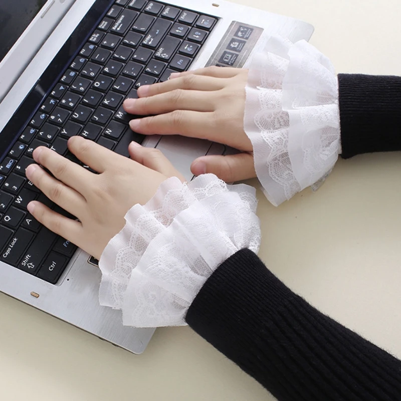 Literary Women Sweet Fake Sleeves Double Layer Ruffles Lace Detachable Flared Cuffs Sweater Decorative Wrist Warmers