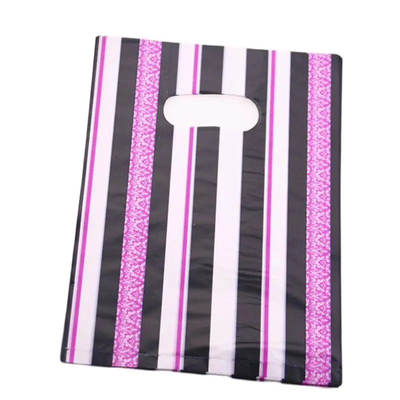 New Design Wholesale 100pcs/lot 20*25cm Plastic Shopping Package Bag With Handles Luxury Striped Clothing Packaging