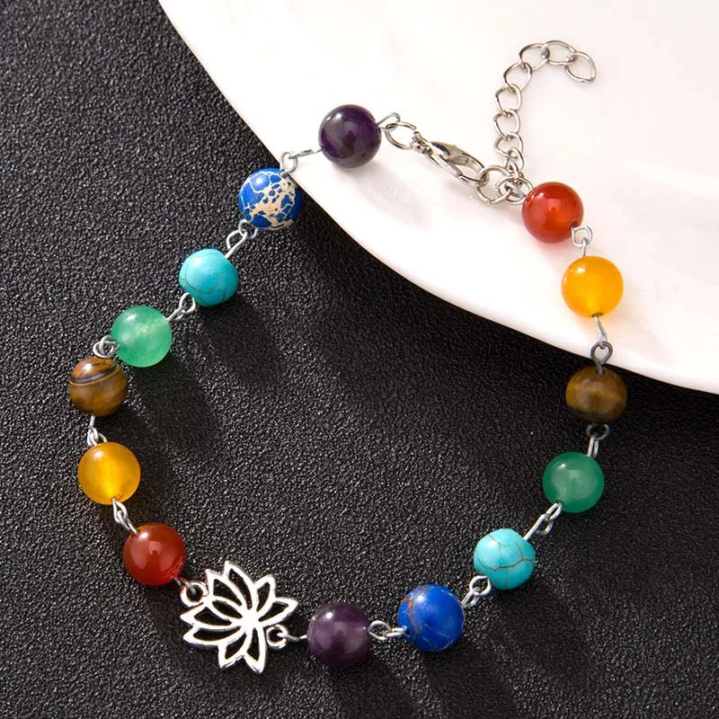 New Natural Stone Lotus Buddha Charm Anklet Bracelet for Women Fashion 7 Chakra 8mm Beads Chain Foot Jewelry