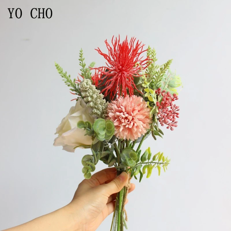 YO CHO Bouquet Bride Wedding Flower Bouquet Artificial Silk Rose Pompon Lavender Vanilla Spike Eucalyptus Leaves Wedding Flower