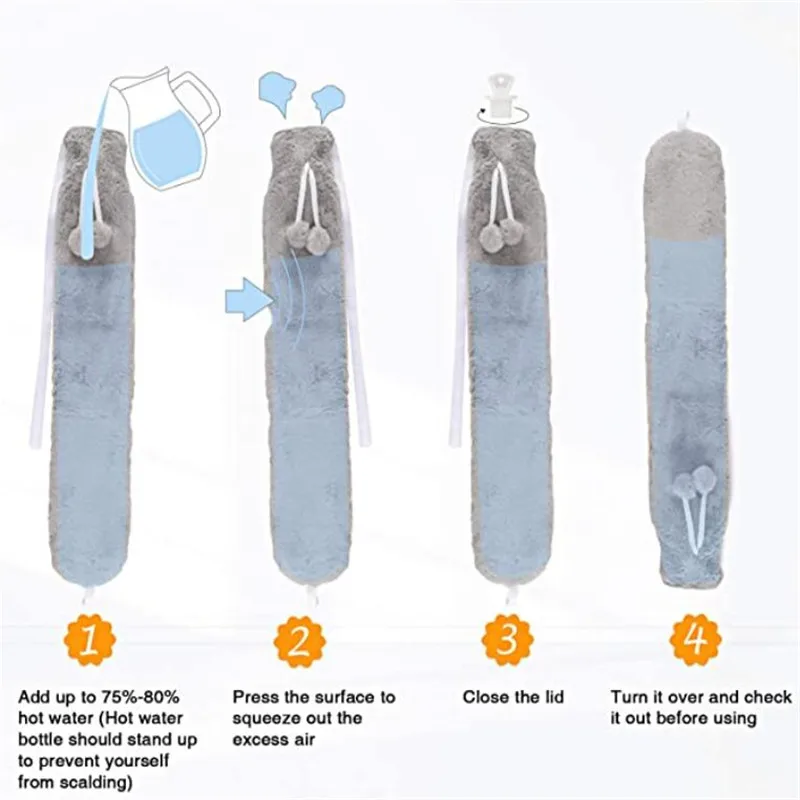 72cm Extra Long Hot Water Bag High Capacity Bandage Hot Water Bottle PVC Flannel Removable Cover For Waist Hand Foot Warming