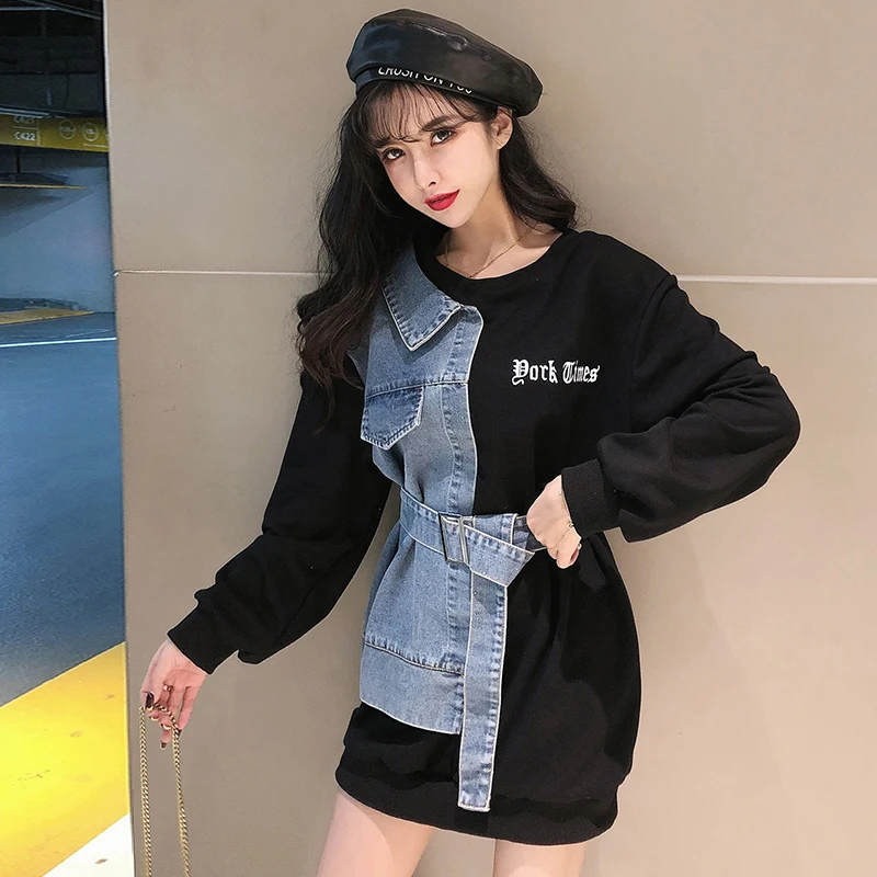 Black Denim Splice Sweatshirt Women Hoodies Belt Fashion Print O-Neck Pullover Female Loose Tops Autumn Casual Sweatshirts