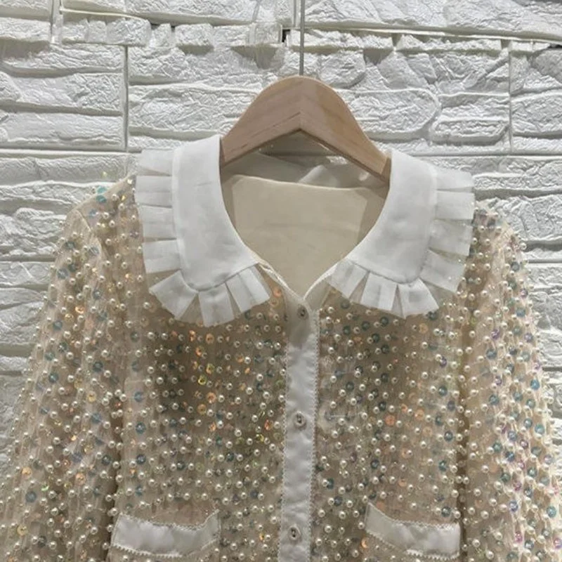 

Lady Autumn Sequin Pearls Runway Jacket Luxury Peter pan Collar Elegant Office Short Coat Single Breasted Party Outerwear