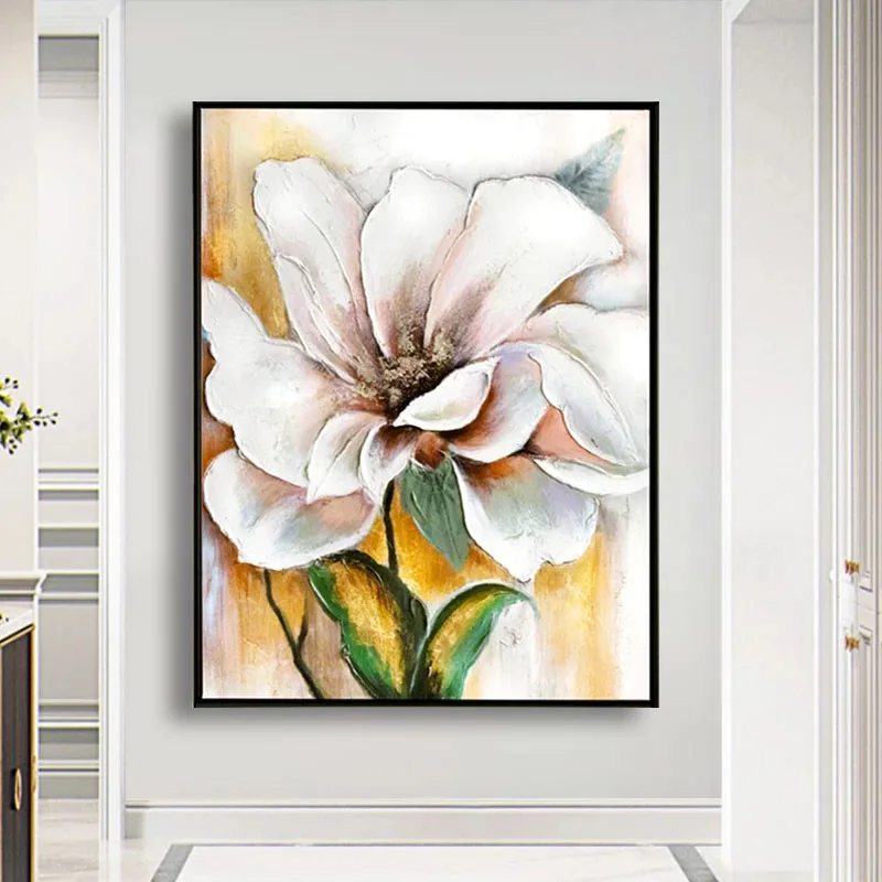 

100% Hand-Painted Vintage White Flower Unframed Hand Made Oil Painting Floral Wall Art Pictures On Canvas For Home Decoration