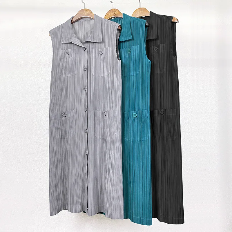 HOT SELLING Miyake fold  dress of  sleeveless turndown collar Button Pleated dress IN STOCK