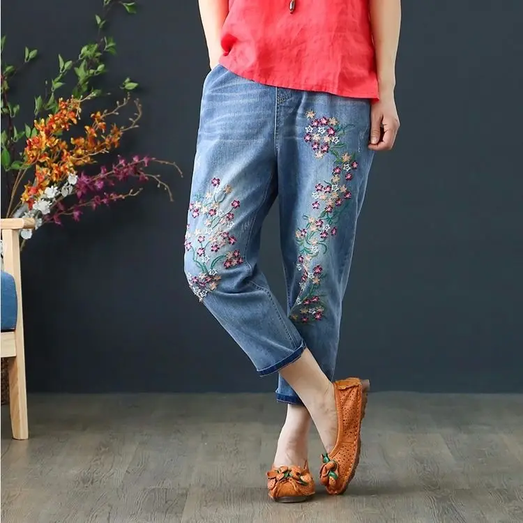 Quần Jean Baggy Nữ Cao Cấp Plus Kích Thước Mẹ Nữ Quần Dài Jean Denim Thêu Rời Tới Mắt Cá Hậu Cung Quần Lưng Thun