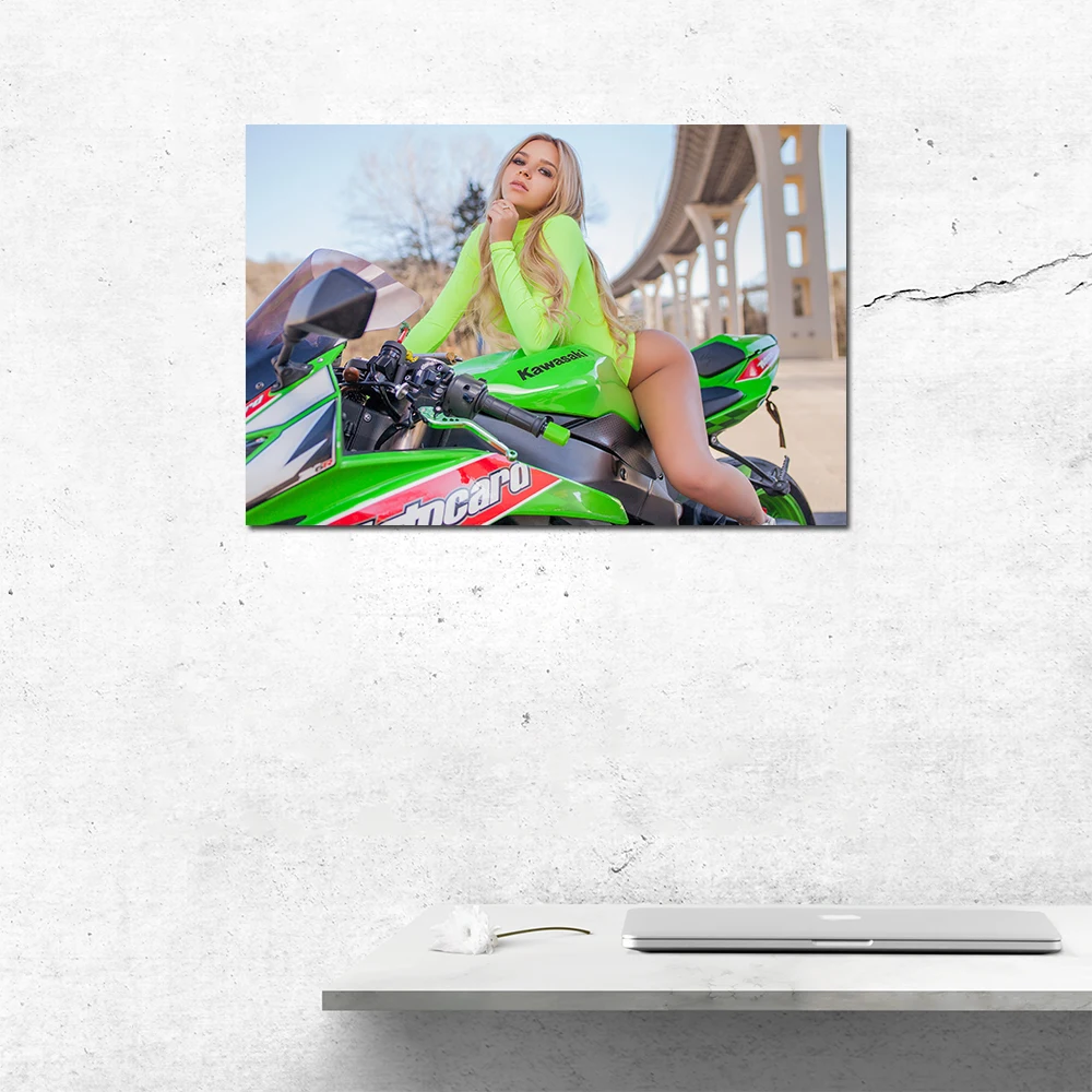 Modern Aesthetic Wall Art 1 Piece Canvas Painting Blonde Beauty and Kawasaki Sport Bike Poster Prints Picture Room Decor