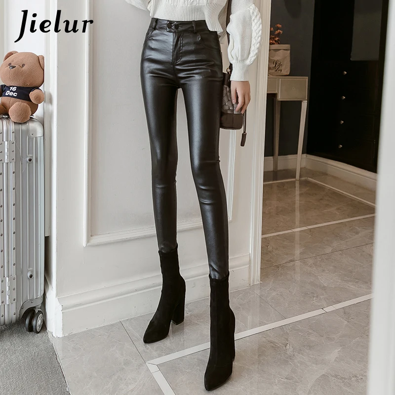 Jielur PU Faux Leather Leggings Women Skinny Silver Red Black Pants Female Lady S-3XL Thin/Fleece Pencil Leggins Bubble Butt