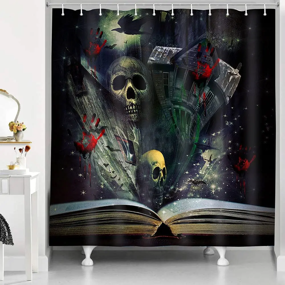 

Halloween Shower Curtain Skull and Lunatic Asylum Horror Dark Castle Gothic Bath Curtains with Hook Waterproof Bathroom Decor